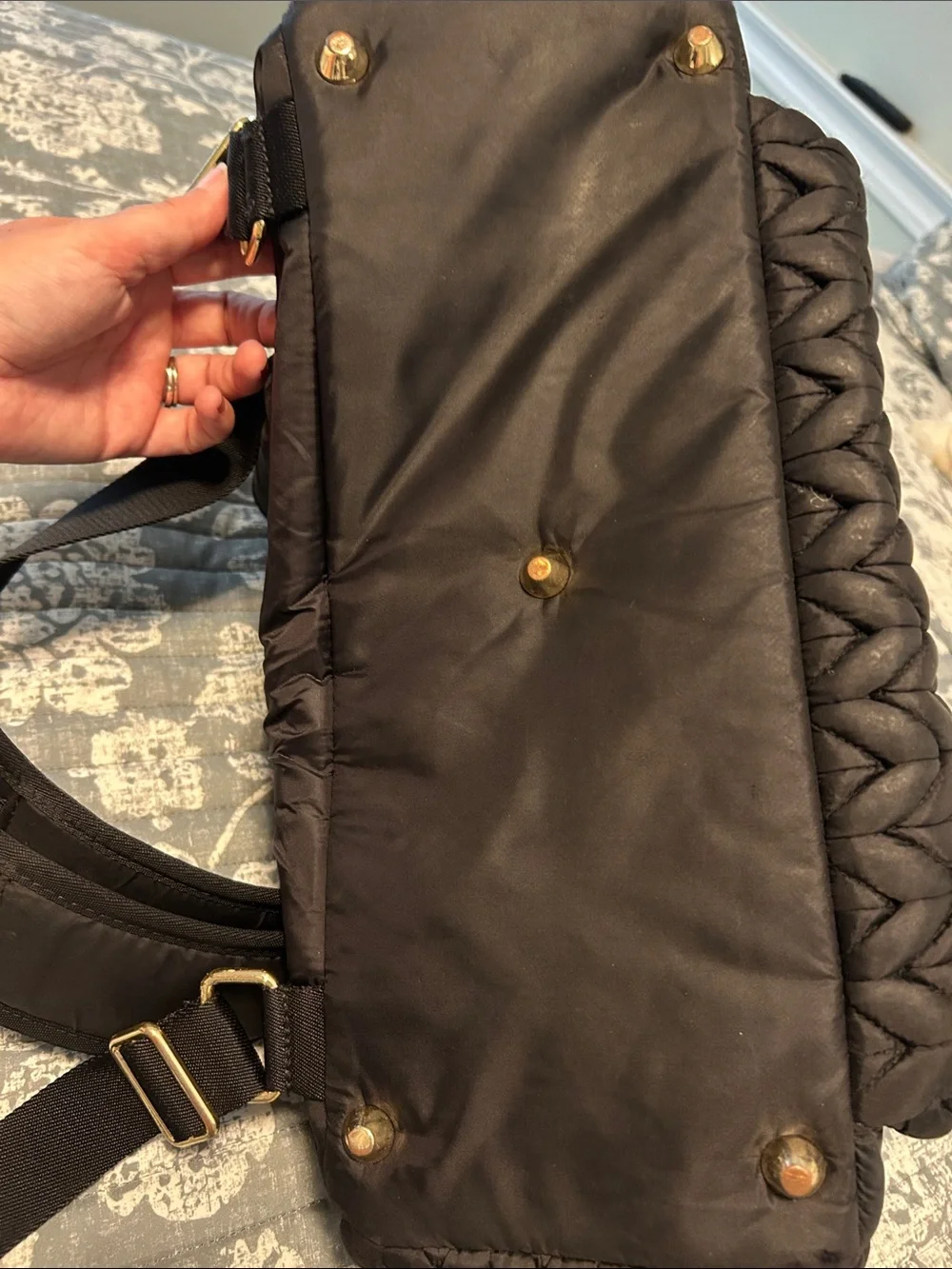 Happy Black Quilted Backpack Diaper Bag with Gold Accent